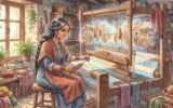 Jaya Devi, an artisan, sits at a glowing loom in her workshop, surrounded by shimmering visions of a marketplace.