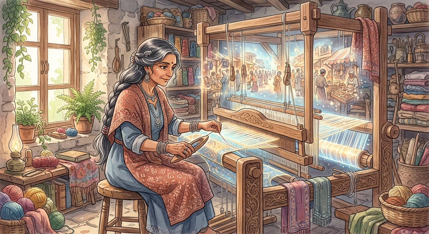 Jaya Devi, an artisan, sits at a glowing loom in her workshop, surrounded by shimmering visions of a marketplace.