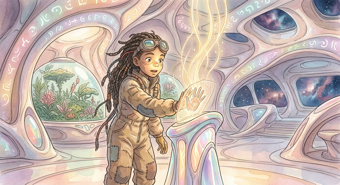 Kaelus touches an alien console within a mysterious spacecraft, which glows with golden light and strange symbols.