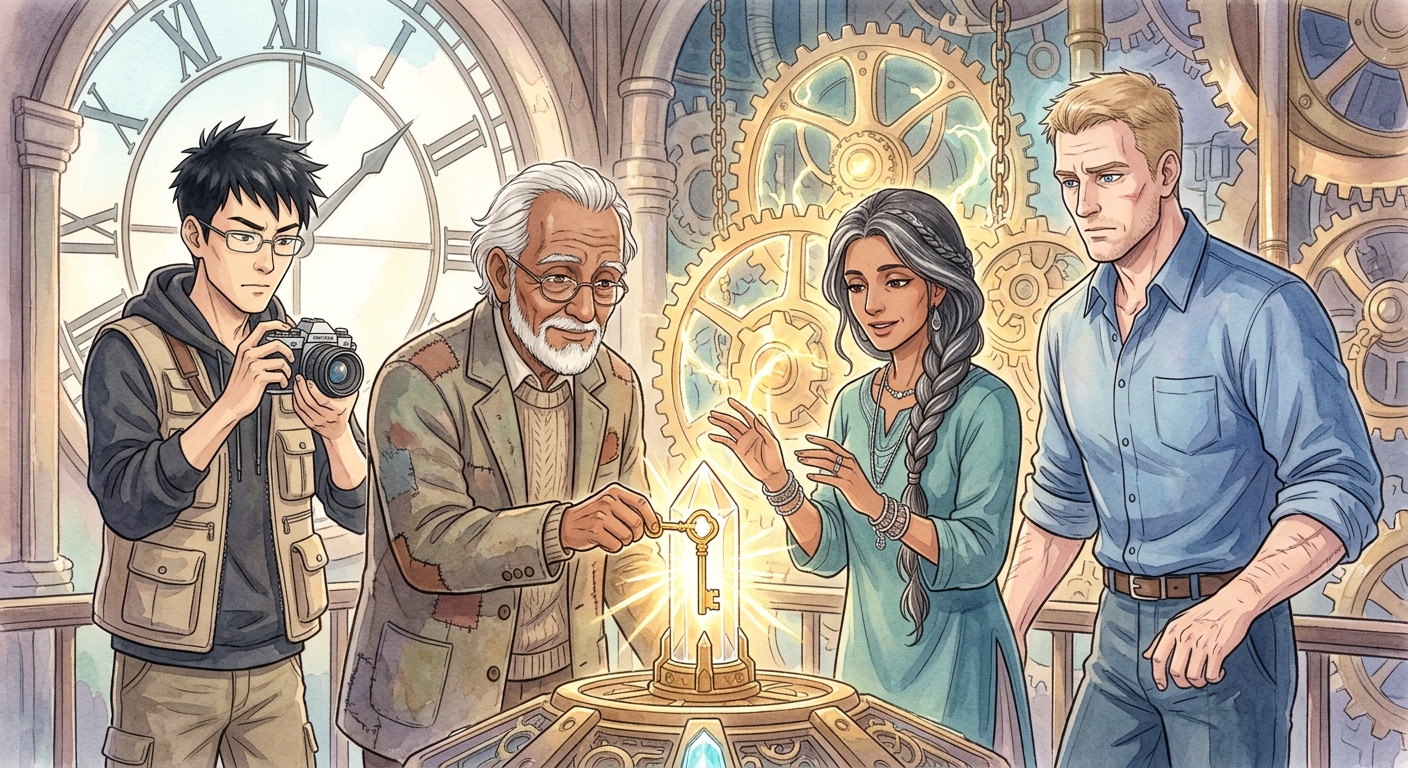 Ishmael places a glowing brass key into a crystal conduit within the Clock Tower's gears, radiating golden energy, as Ren, Jaya, and Malachi observe.