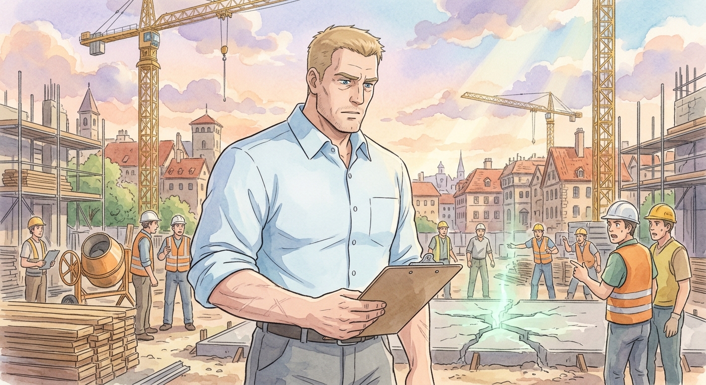 Malachi Thorne, an engineer, stands on a construction site where newly poured concrete mysteriously glows and fissures.