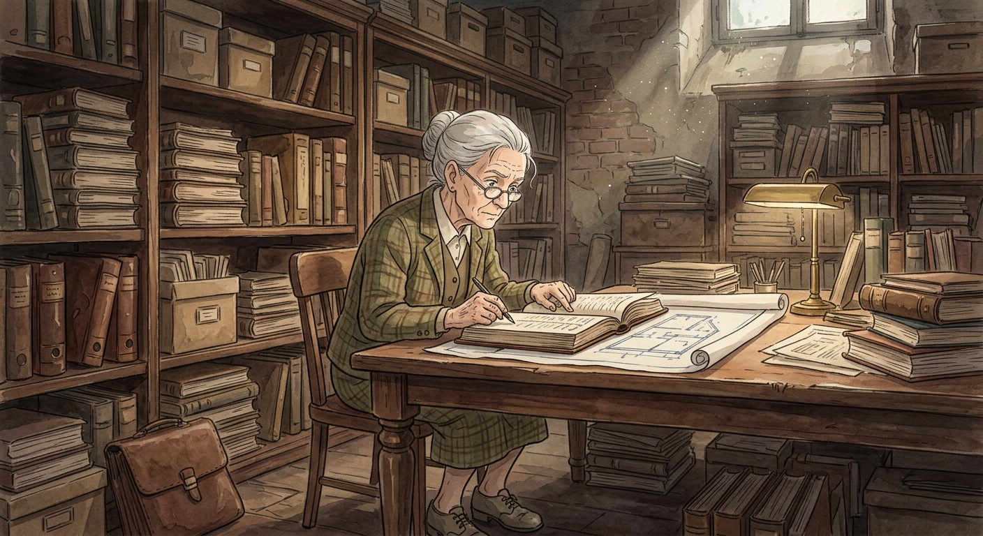 An elderly archivist cross-references a ledger and a blueprint on a large wooden table, her face a mask of bewilderment.