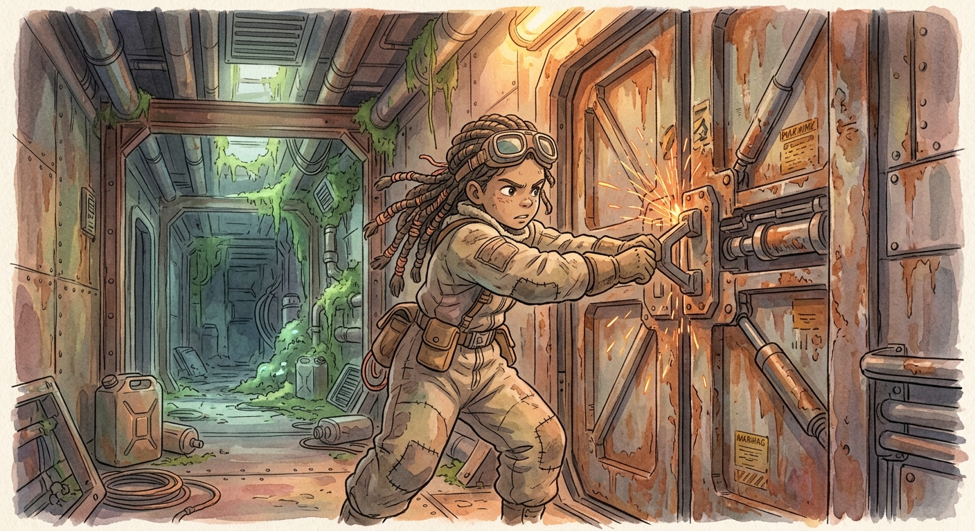 Kaelus, a young scavenger, strains to open a huge, rusted blast door deep within an abandoned mining station.
