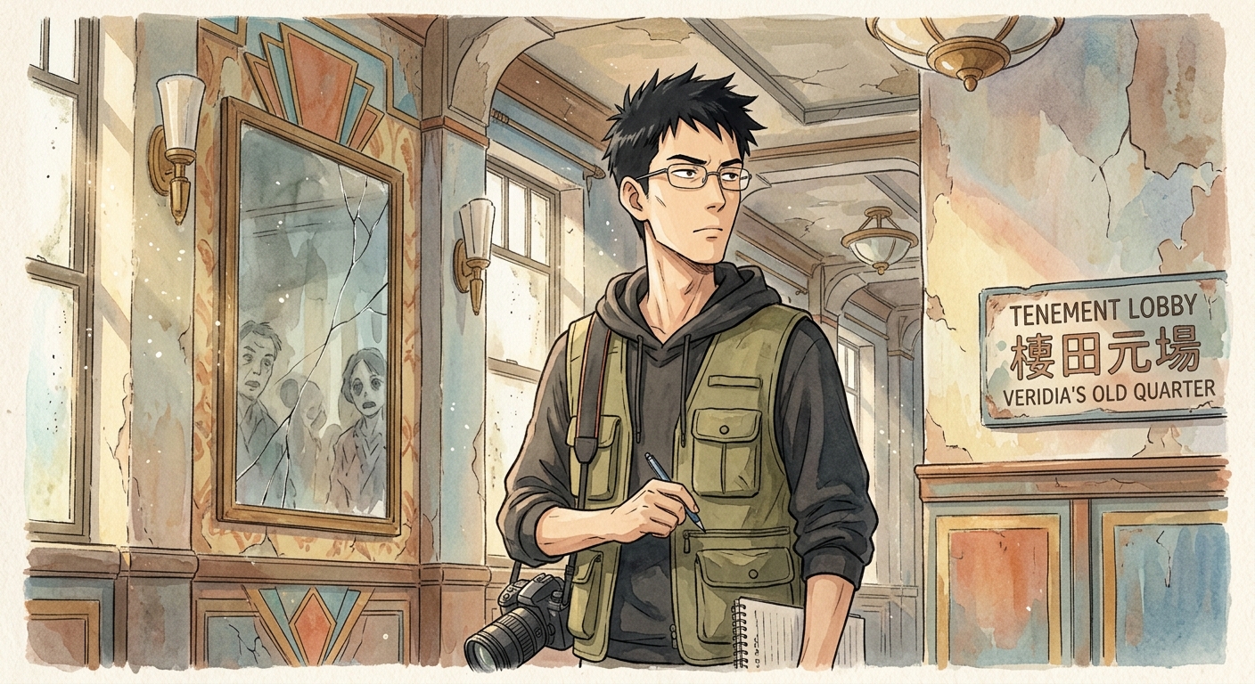Ren Chen, a skeptical documentarian, stands in a dusty, abandoned art-deco tenement lobby, seeing ghostly reflections in a broken mirror.