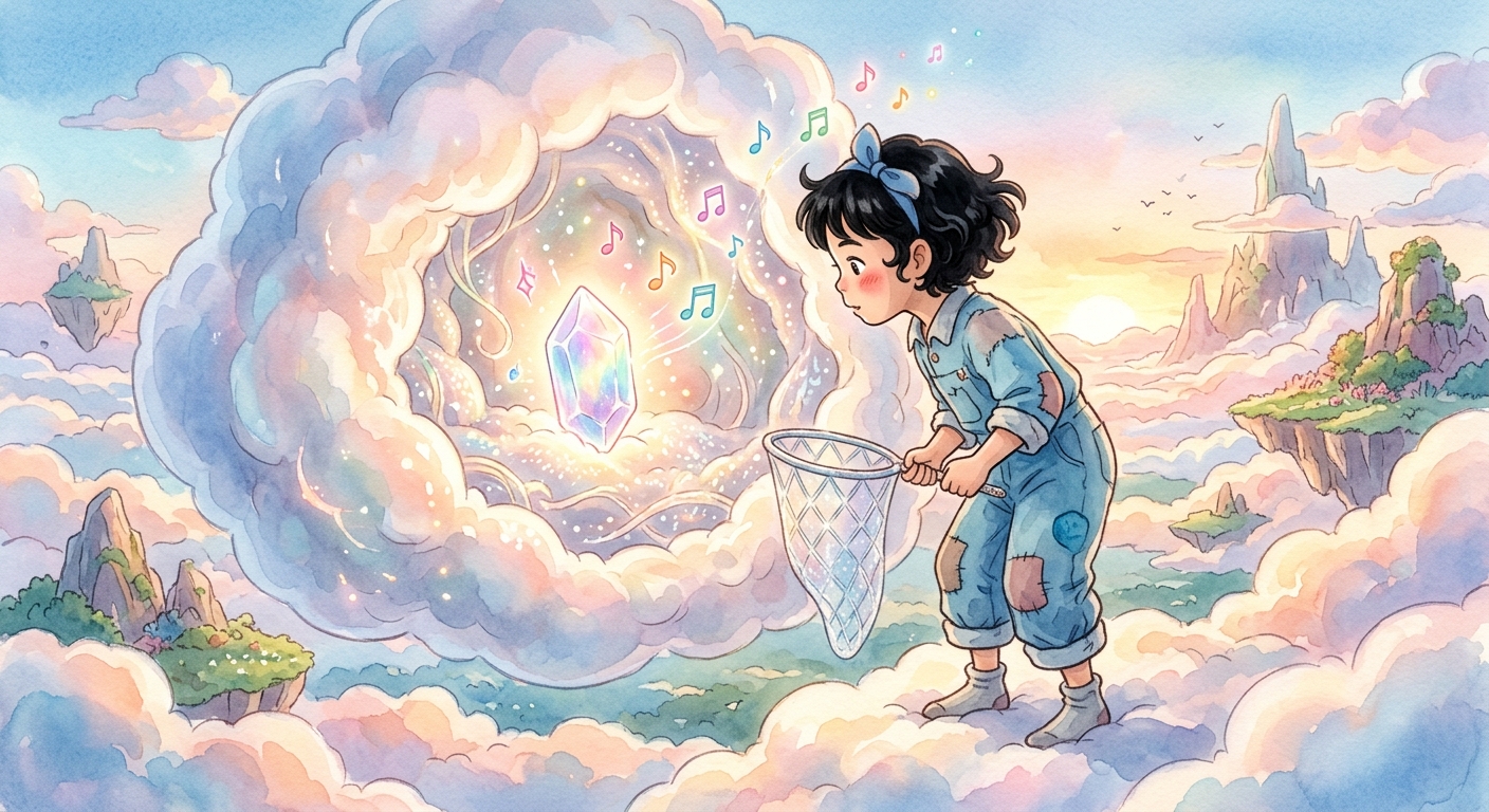 Lilo, a young girl in a blue jumpsuit, peers into a hollow cloud where an iridescent crystal hums with light.