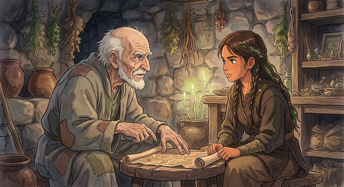 Pali and Old Jory study a faded map in a dimly lit hut, lit by Embermoss.