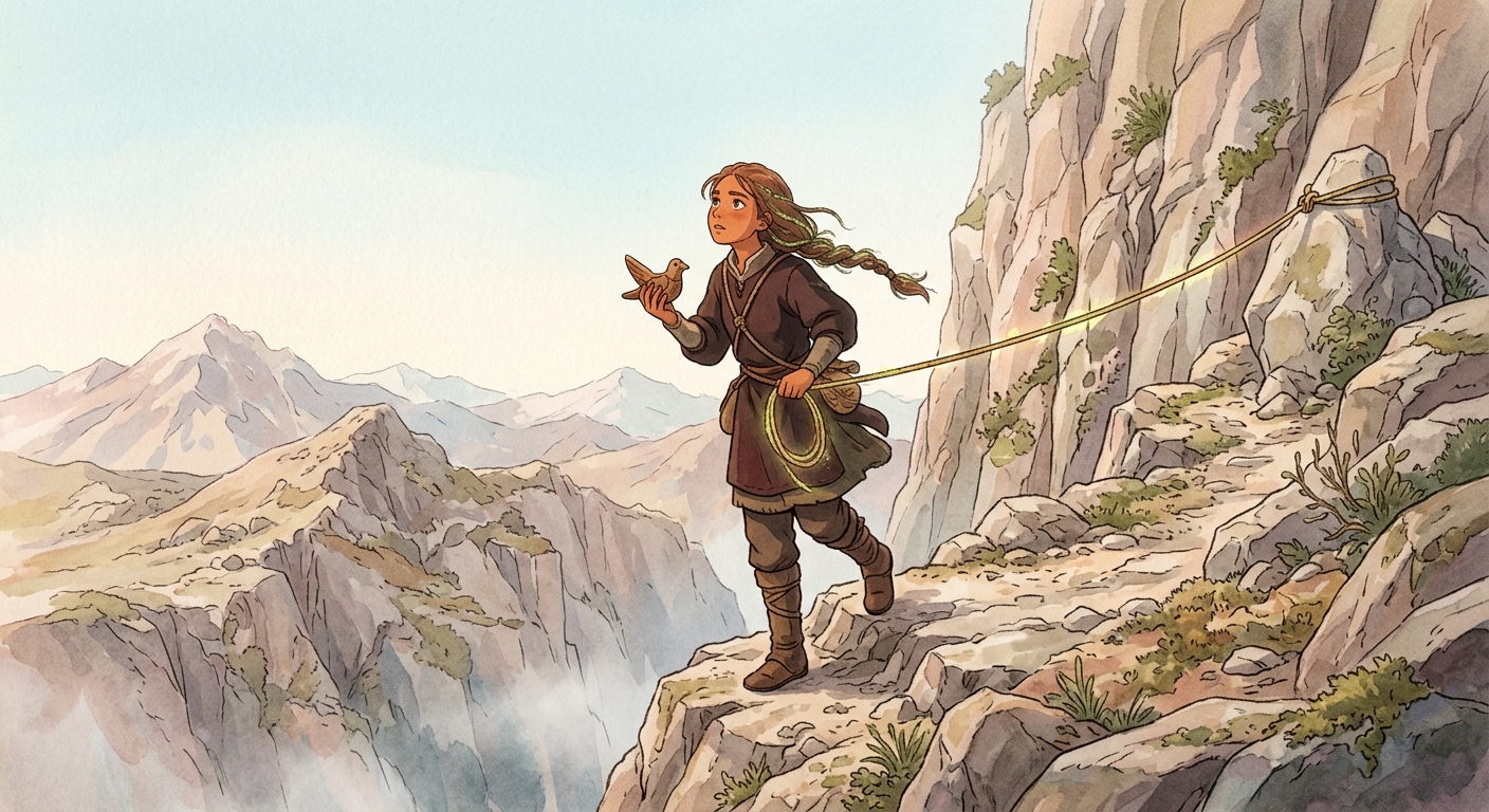 Pali climbs a dangerous mountain path, holding a wooden bird.