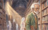 Ishmael Akhtar, an elderly archivist, stands in a vast, dusty archive hall, perceiving ethereal figures among towering shelves.