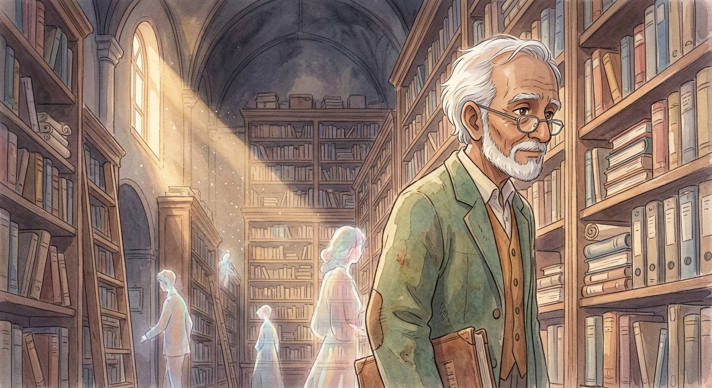 Ishmael Akhtar, an elderly archivist, stands in a vast, dusty archive hall, perceiving ethereal figures among towering shelves.