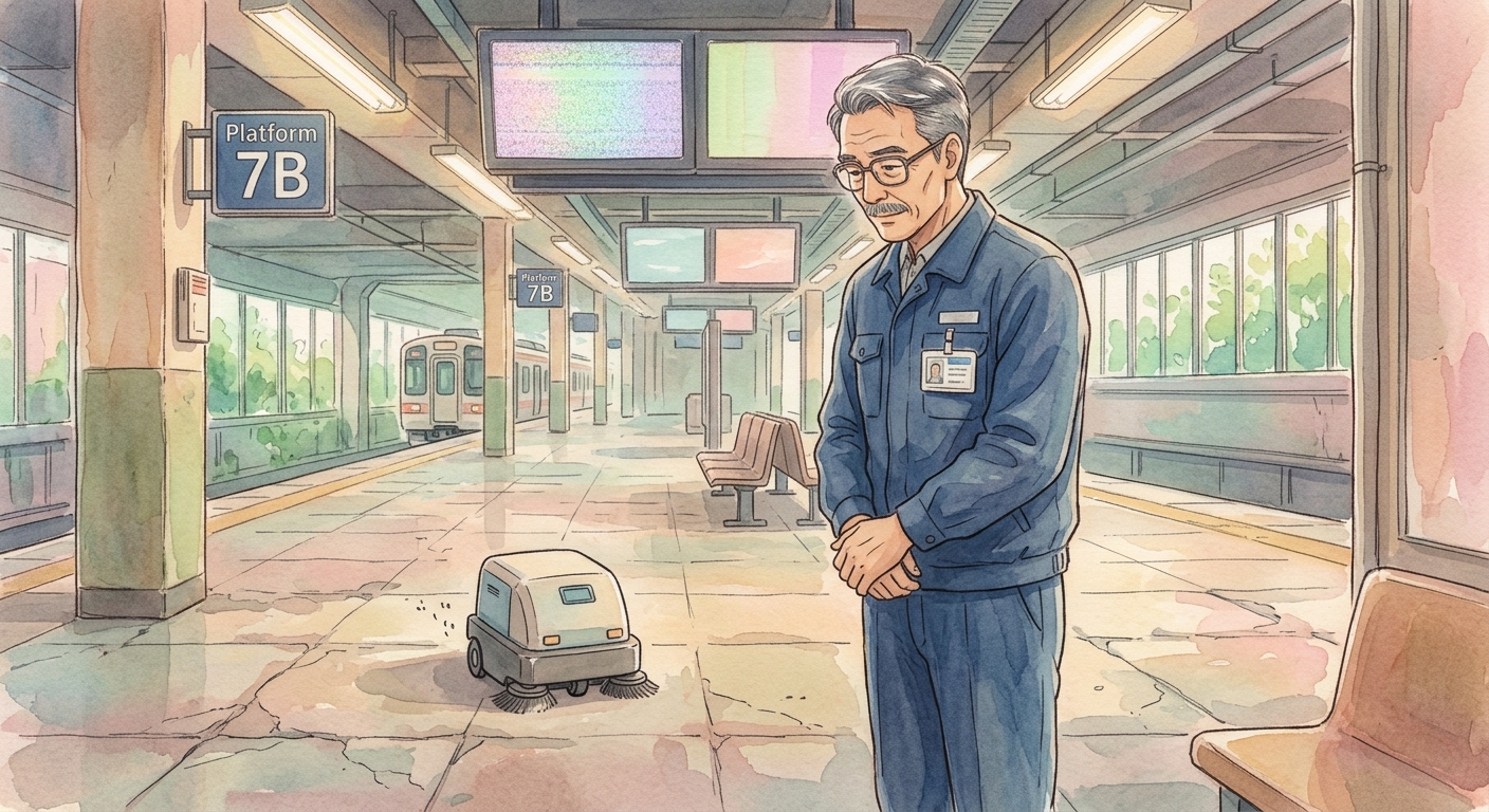 An elderly transit worker watches a small, automated floor-sweeper clean a desolate, cracked-tile platform.