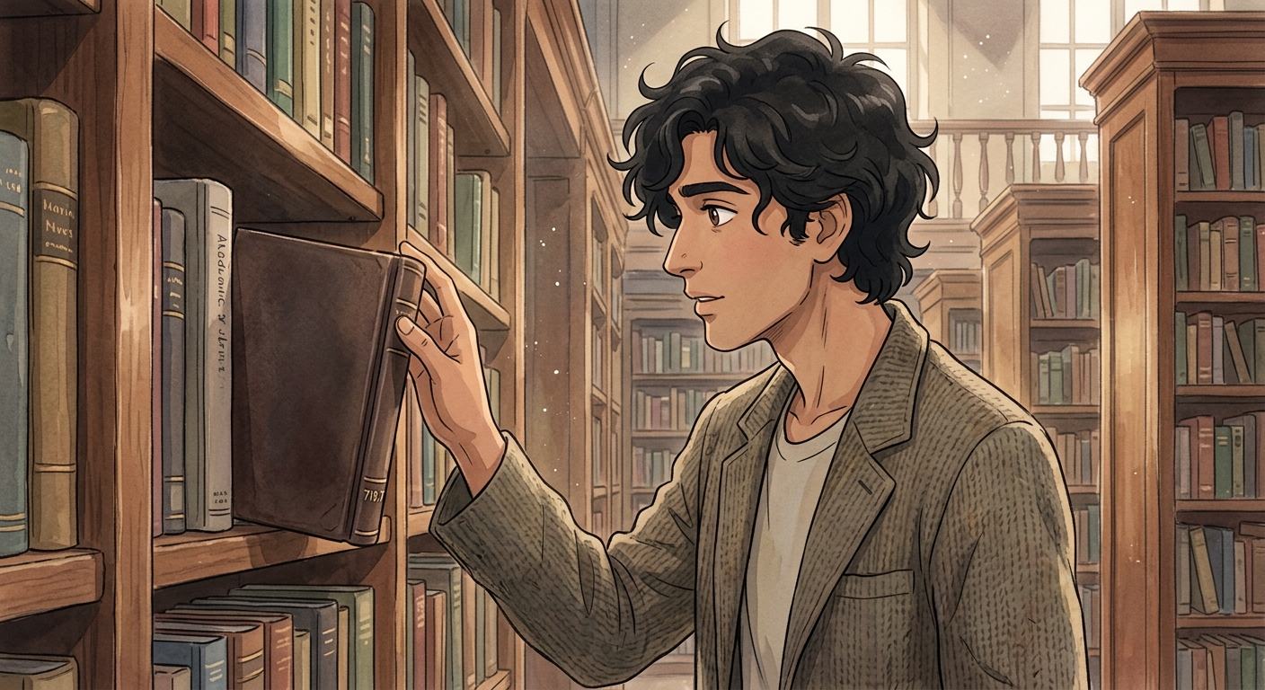 A young South Asian man stands in a library aisle, his hand reaching for a mysterious, blank, dark leather-bound book next to a standard academic text.