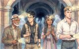 Ishmael, Ren, Jaya, and Malachi stand at the entrance to a vast, dark, ancient subterranean market, observing ethereal figures.