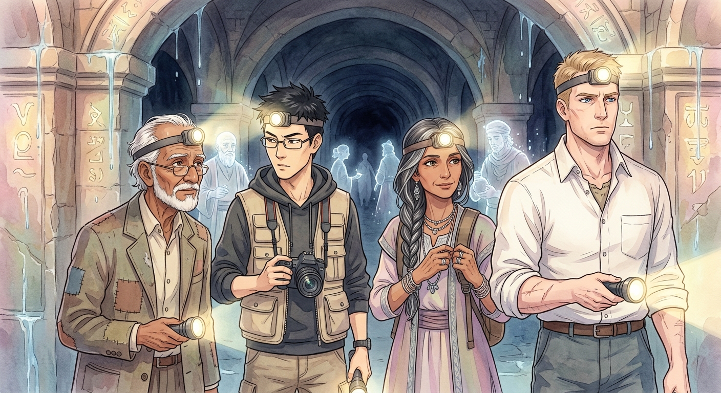 Ishmael, Ren, Jaya, and Malachi stand at the entrance to a vast, dark, ancient subterranean market, observing ethereal figures.