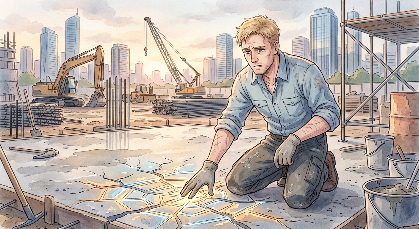 Malachi Thorne kneels, examining inexplicable glowing fissures in a new concrete foundation on a construction site.