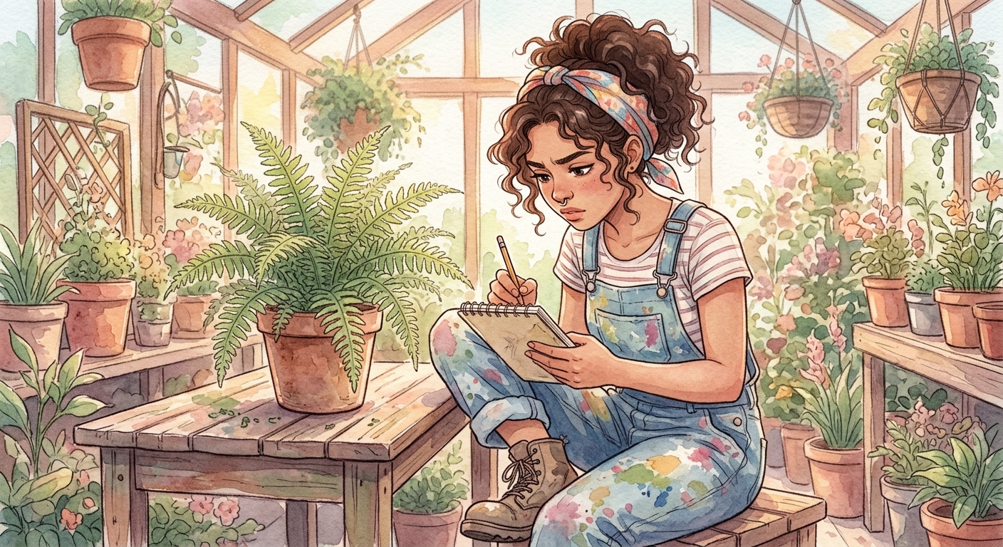 Juno, a young artist, sketches a fern in a sunny greenhouse.