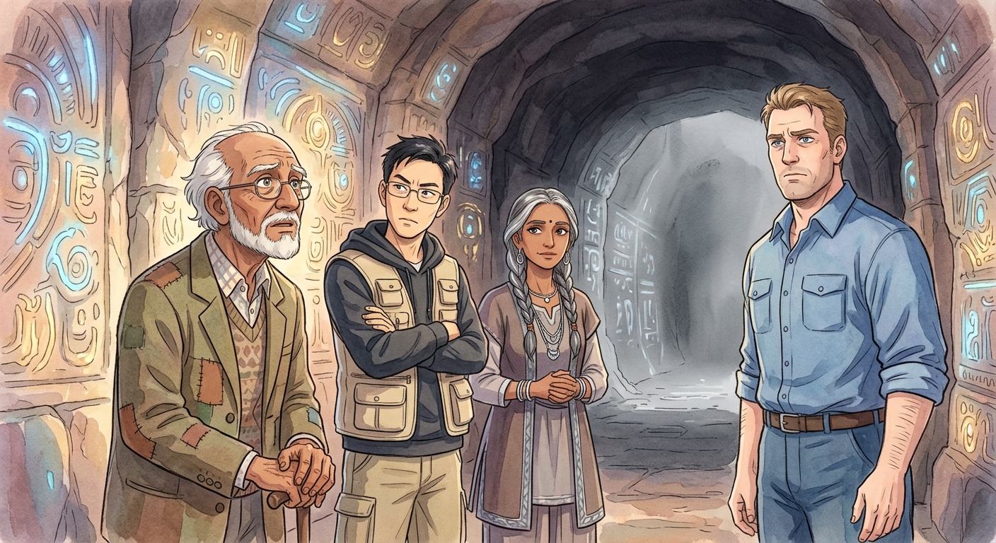 Ishmael, Ren, Jaya, and Malachi stand in a glowing subterranean chamber, observing a section where vibrant echoes are fading into a grey void.