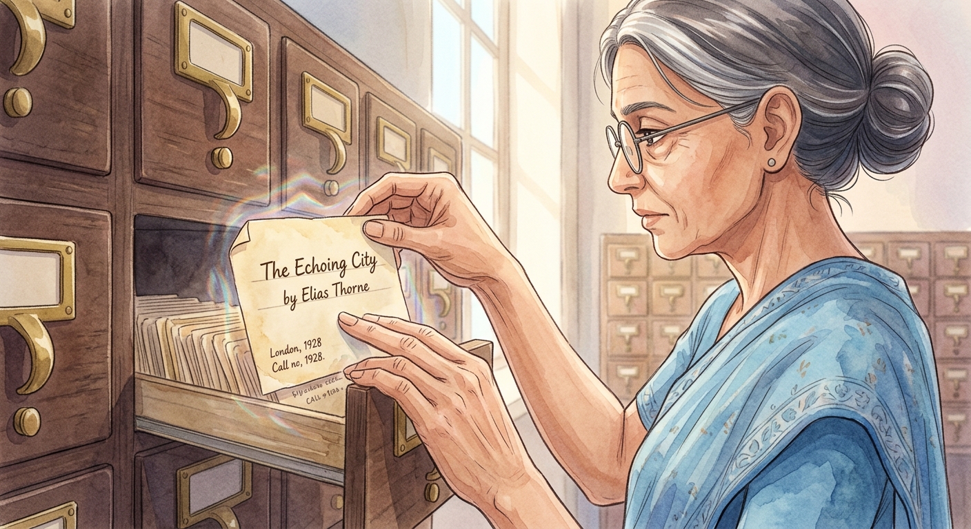 Close-up of an older Indian woman's hands, wearing spectacles, carefully removing a yellowed index card from a brass card catalog, with a subtle shimmer on the card.