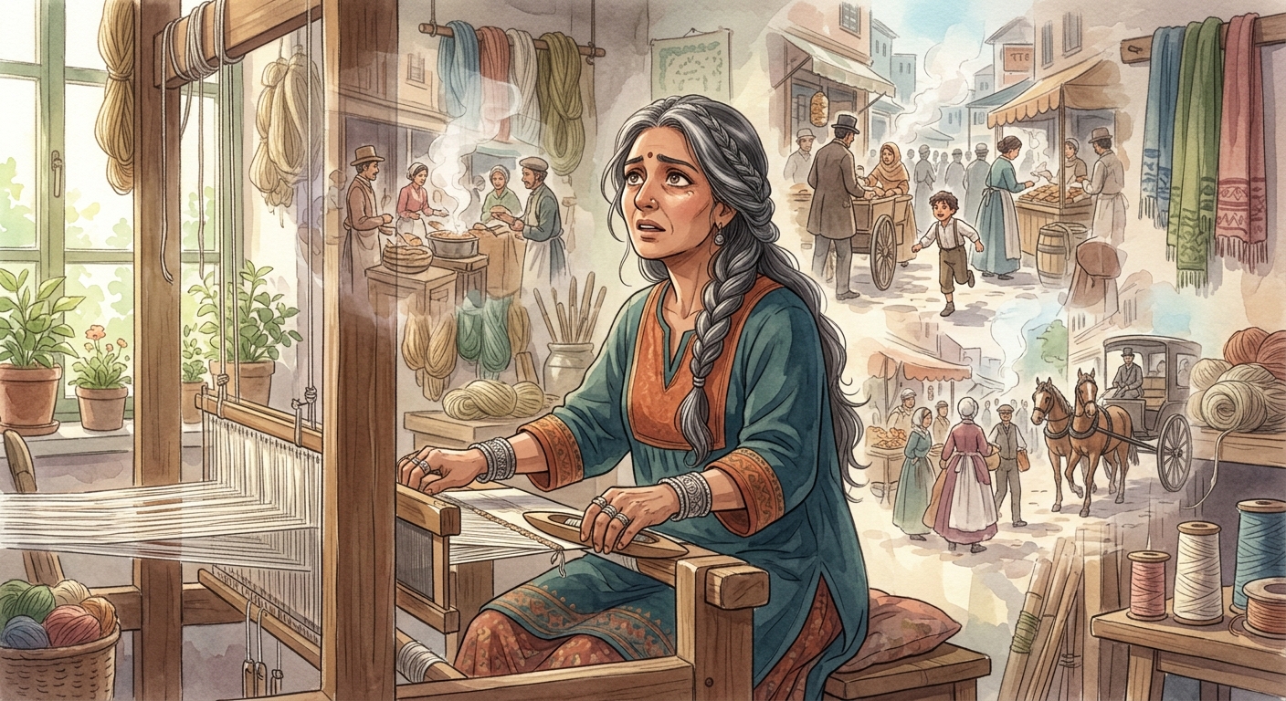 Jaya Devi at her loom, witnessing vivid, shimmering visions of a 19th-century marketplace around her.