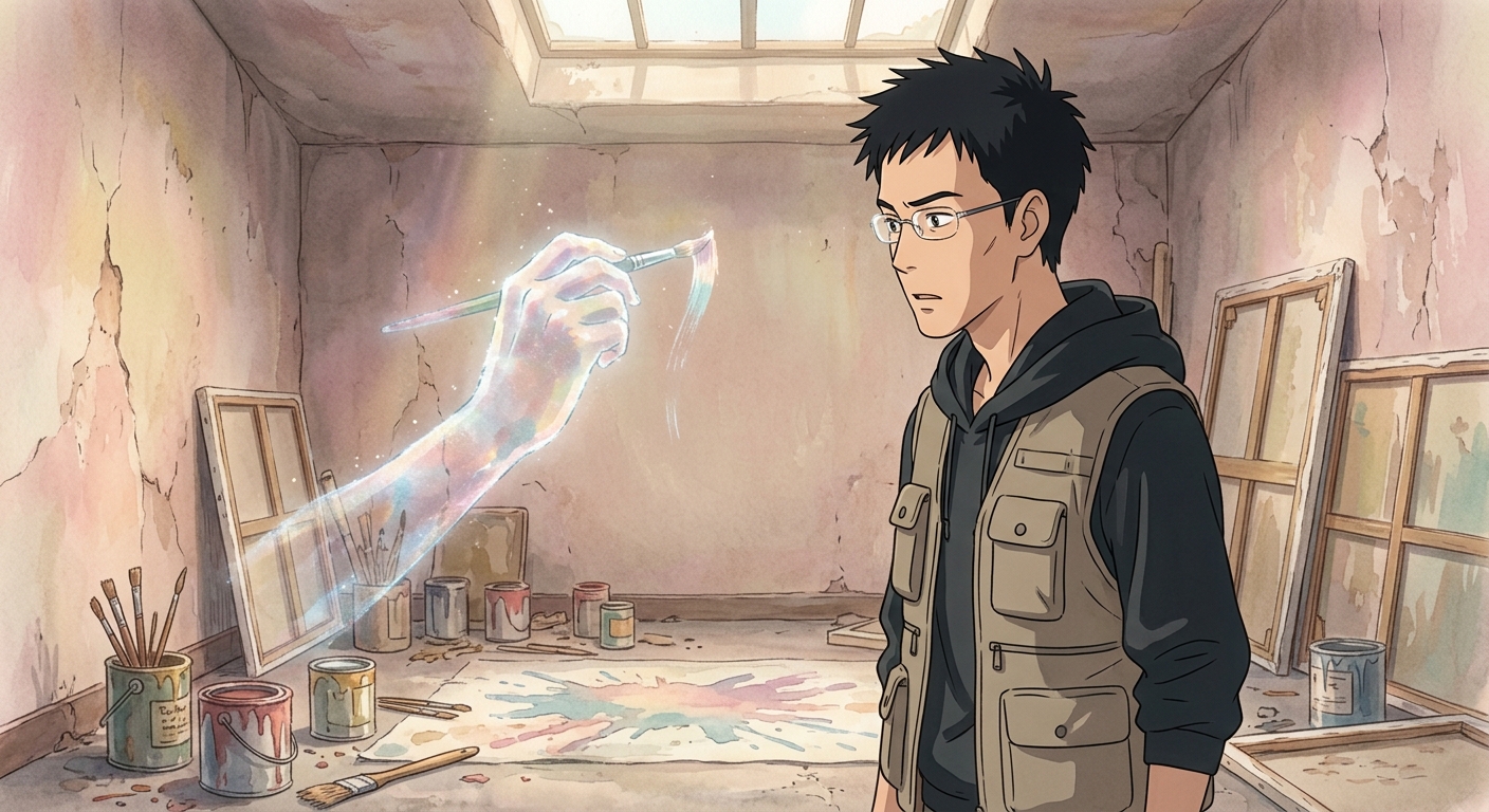 Ren Chen, a documentarian, stares at a ghostly, shimmering hand painting in an abandoned artist's studio.