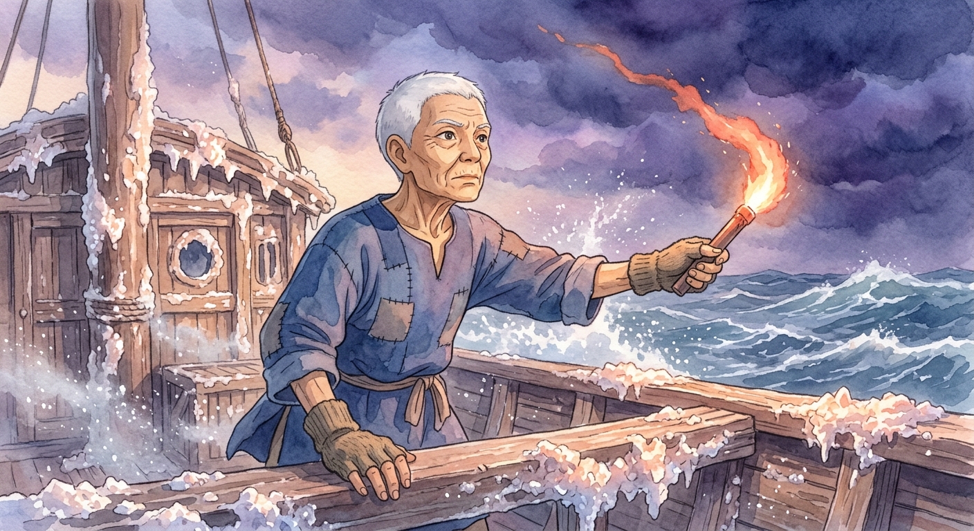Kairn, an elderly Crystal Scribe, launches a signal flare into a stormy, salt-laden sky from their small, crystal-covered barge.