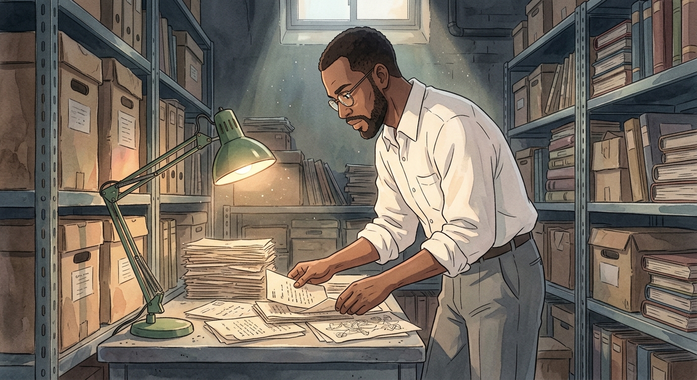 Olaniyi Adegoke examines strange, old letters and drawings on a desk in a dusty archive.