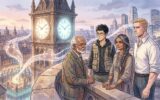Ishmael, Ren, Jaya, and Malachi stand on the Old Quarter's Clock Tower, observing memory-echoes flowing from it into the modern city.