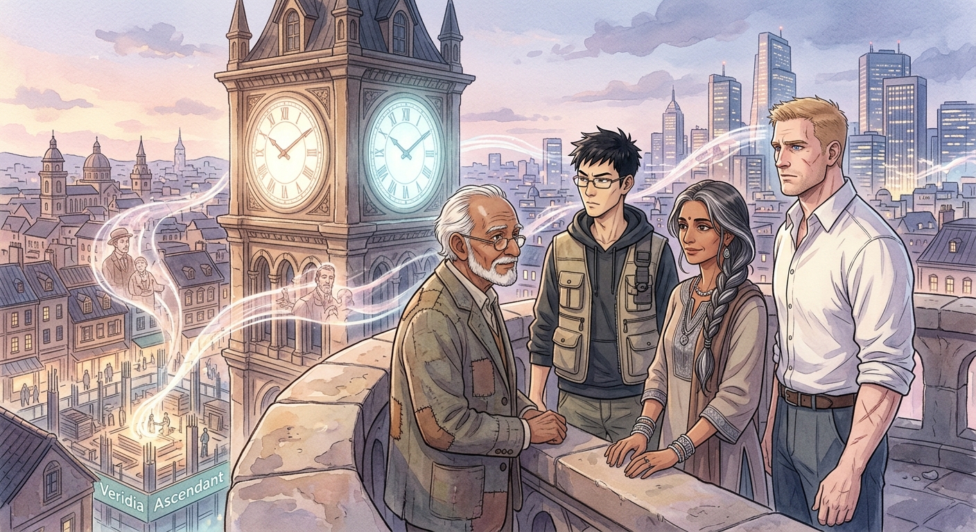 Ishmael, Ren, Jaya, and Malachi stand on the Old Quarter's Clock Tower, observing memory-echoes flowing from it into the modern city.