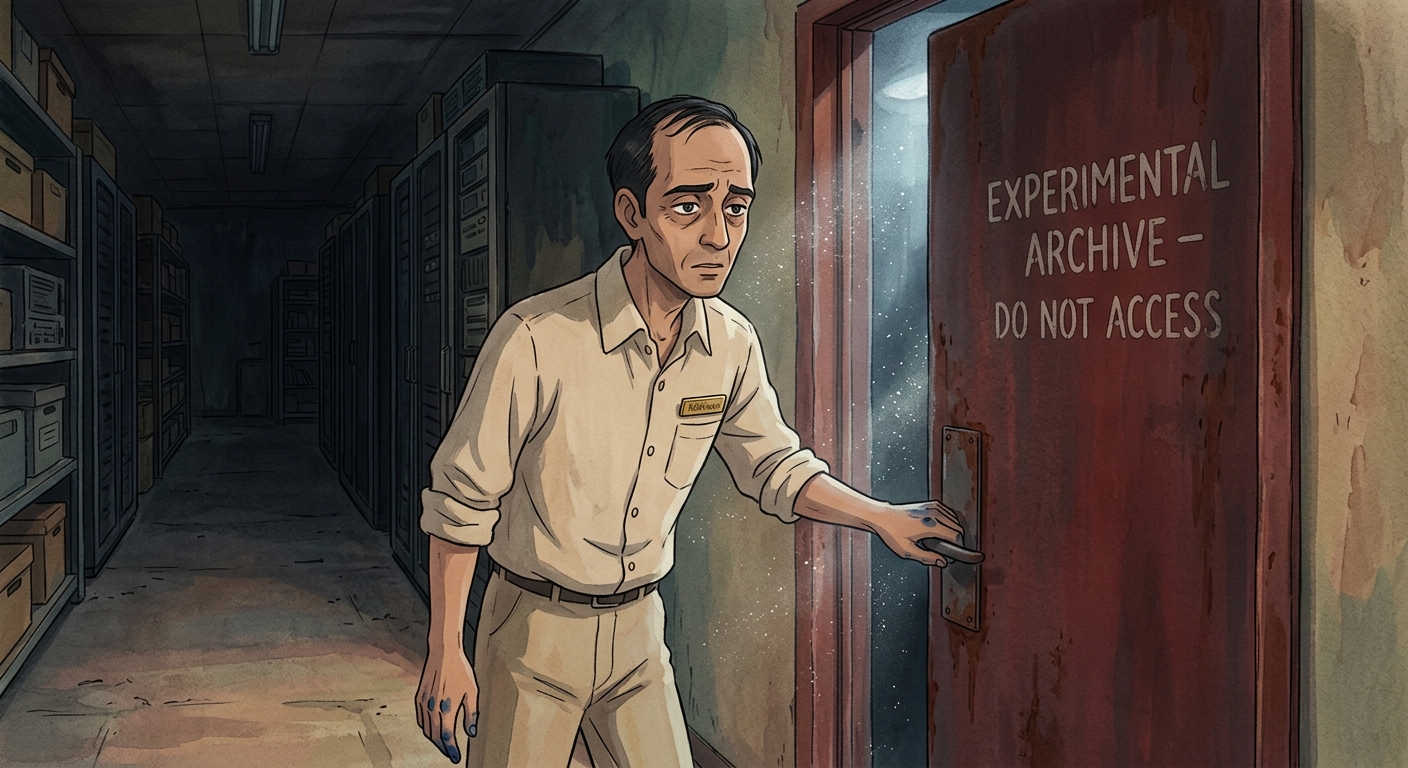 A lanky man in a uniform carefully pushes open a rusted fire door with a 'DO NOT ACCESS' sign, a shimmering dust trail leading into the darkness beyond.