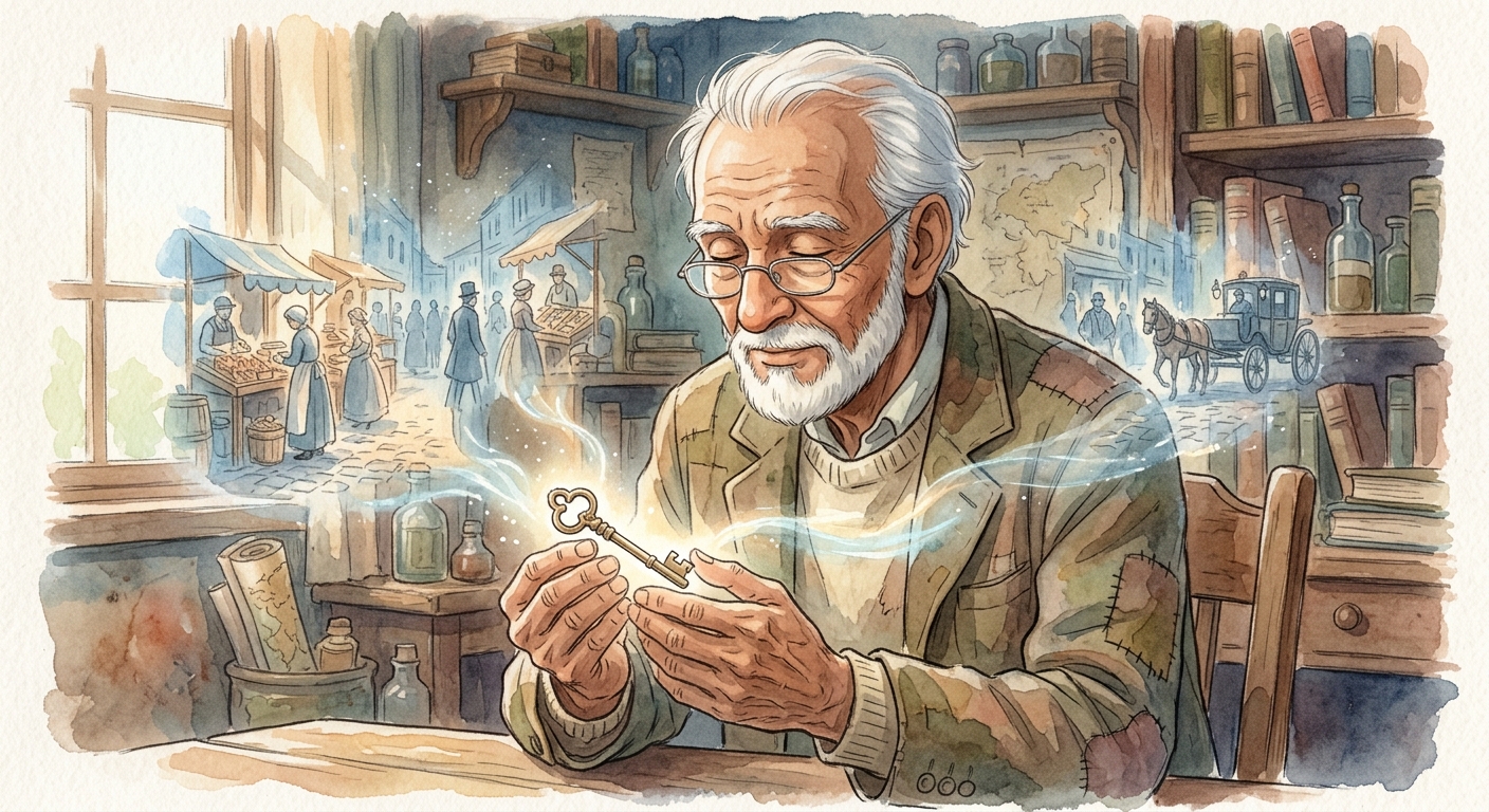 Ishmael Akhtar, holding a glowing brass key, sees fading visions of a 19th-century marketplace around him.