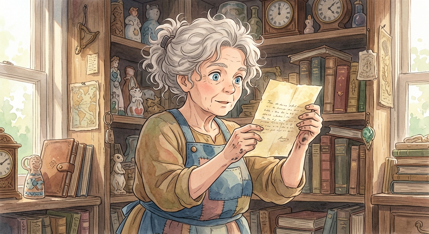 Tamsin Alistair examines an old, cryptic letter in her antique shop, holding it up to the light.