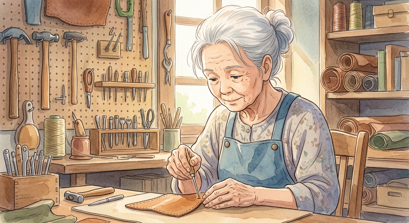 Close-up of Bà Phượng's gnarled hands holding an awl, meticulously piercing leather on her workbench.