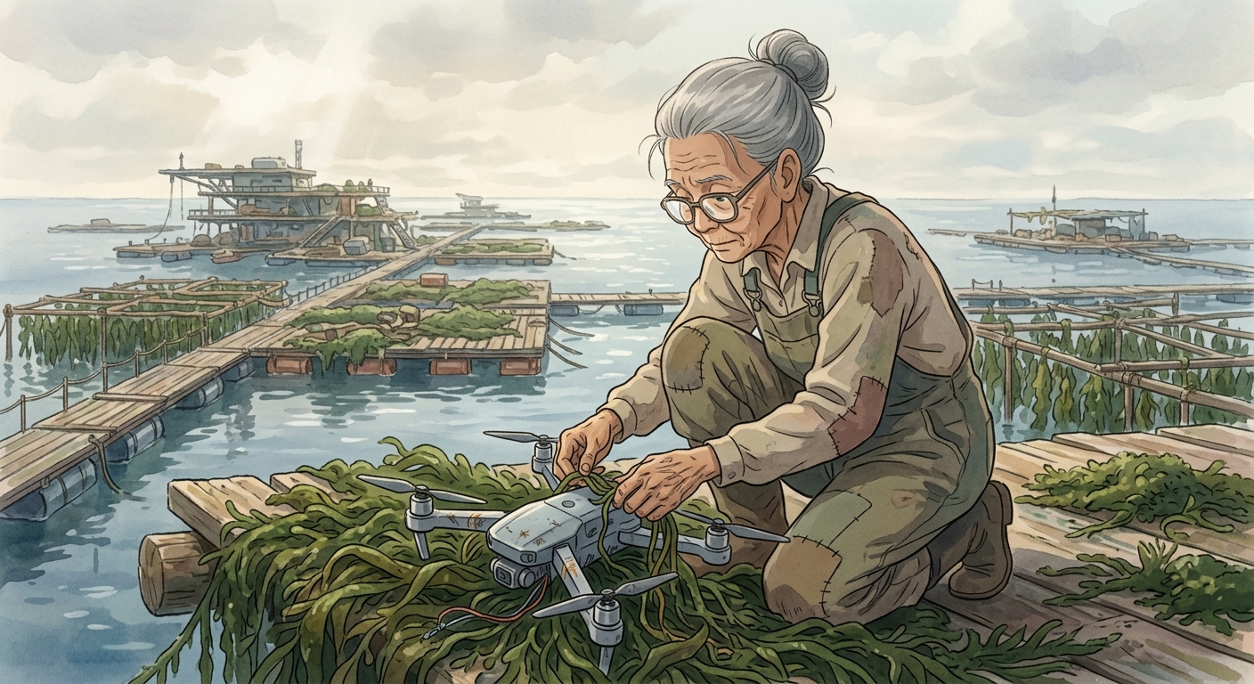 An elderly woman with thick glasses carefully inspects a broken drone tangled in dark green kelp on a floating platform.