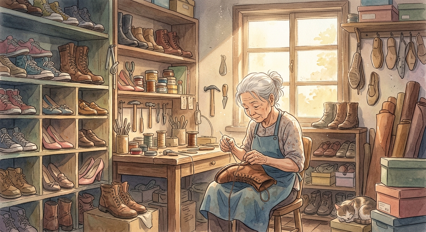 Bà Phượng's cluttered yet organized cobbler workshop, with shelves full of shoes, tools, and sunlight filtering through a dusty window.