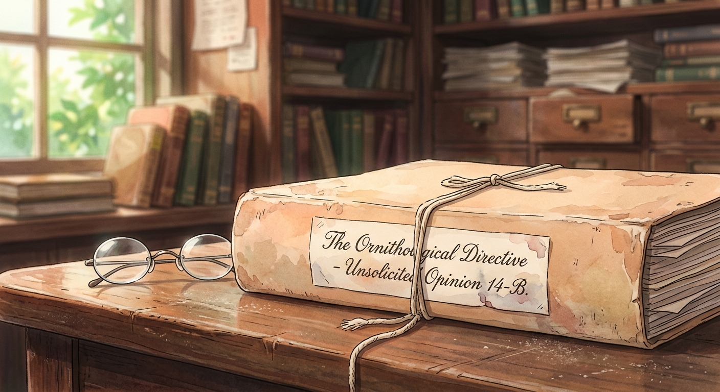A thick, string-tied manila folder on a dusty desk, labeled 'The Ornithological Directive' in elegant handwriting, with rimless spectacles beside it.