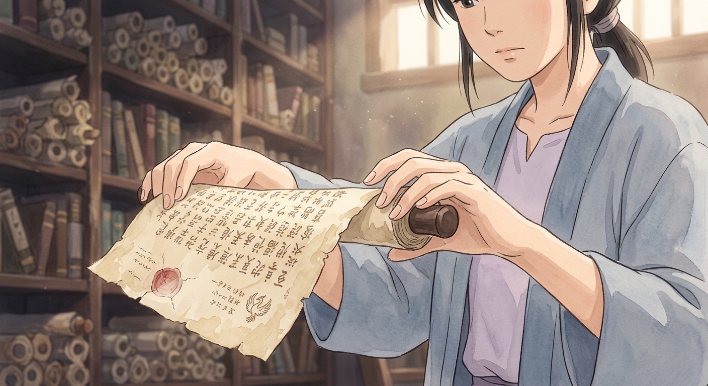 Close-up of Kael's hands unrolling a fragile, sealed parchment scroll with a hidden bird symbol.