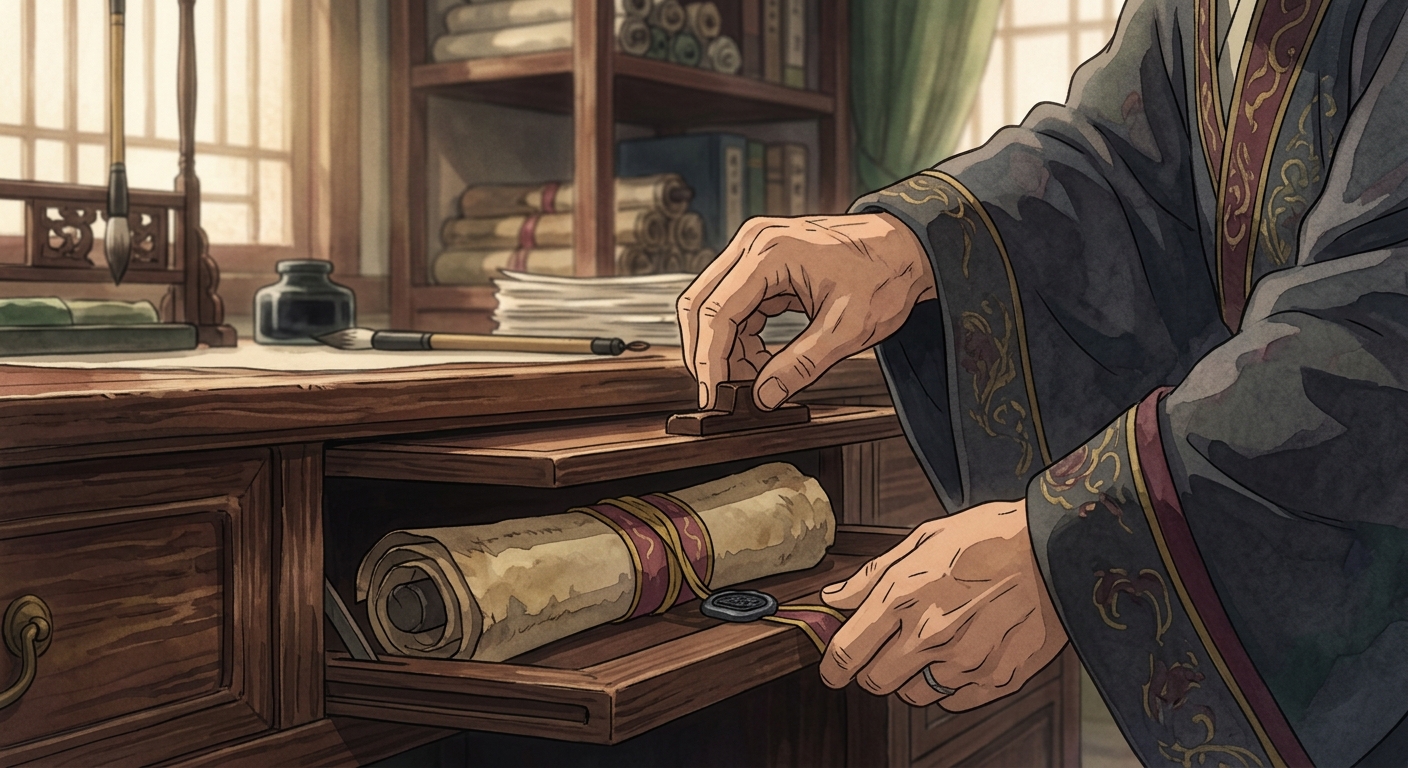 Magistrate Li's hands revealing a heavy, lead-sealed parchment scroll from a hidden compartment.