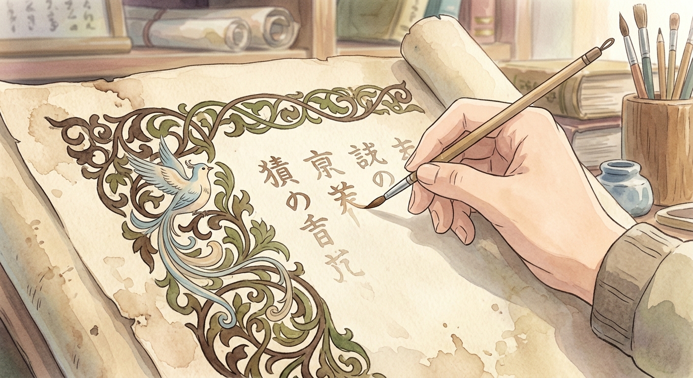 Close-up of an ancient scroll with faded calligraphy and a hidden bird symbol in the margin.