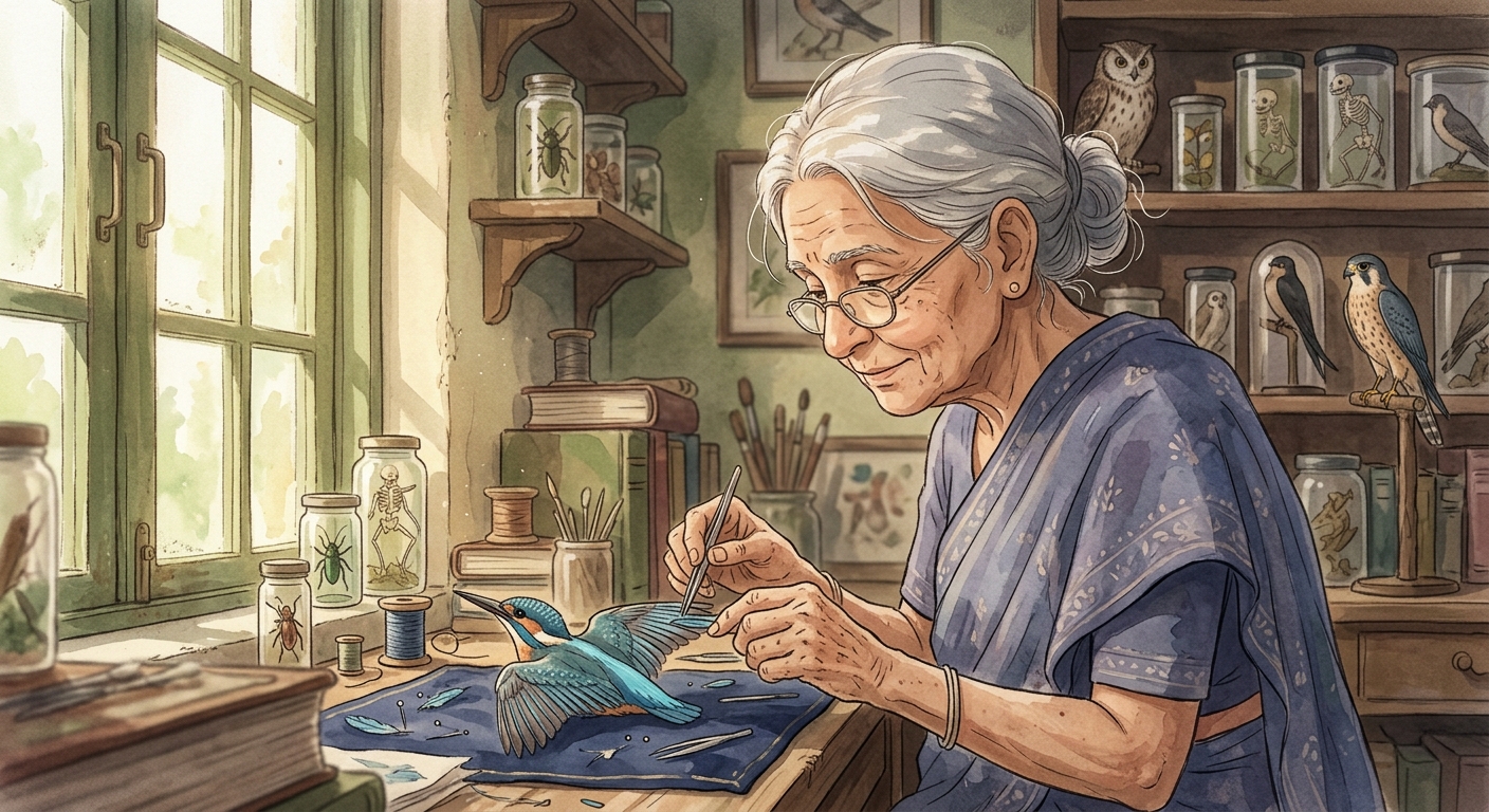 An elderly woman's delicate hands meticulously prepare a kingfisher for taxidermy on a cluttered workbench, bathed in dusty afternoon light.