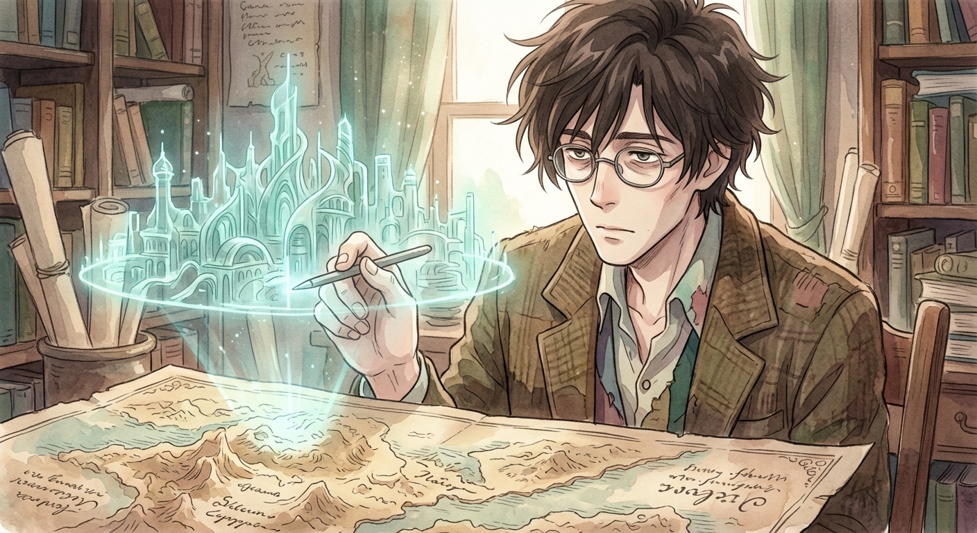 Kaelen's hand points a stylus at a holographic map of a shifting cityscape, projected above an old paper map, with a contemplative expression.