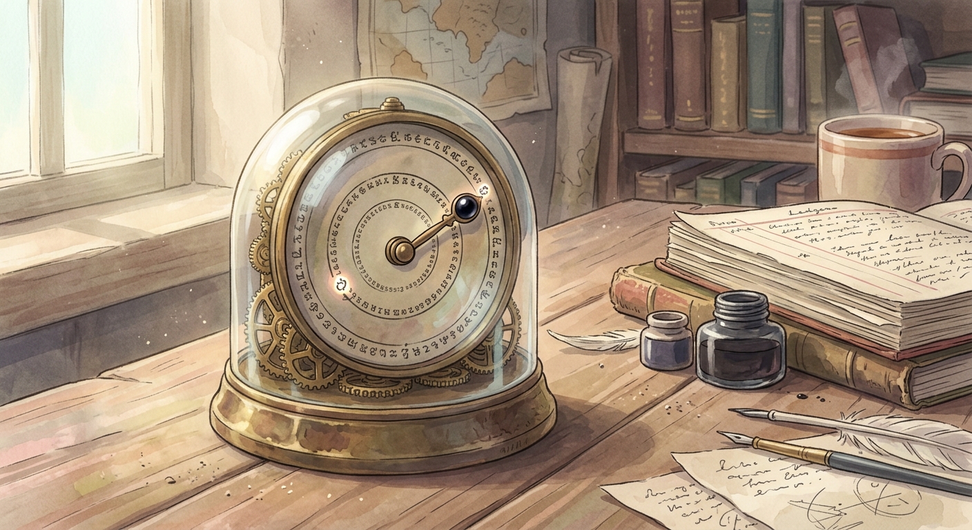 A close-up of a mysterious tarnished brass clock with a spiral of illegible symbols and a glowing obsidian hand on a dusty desk.