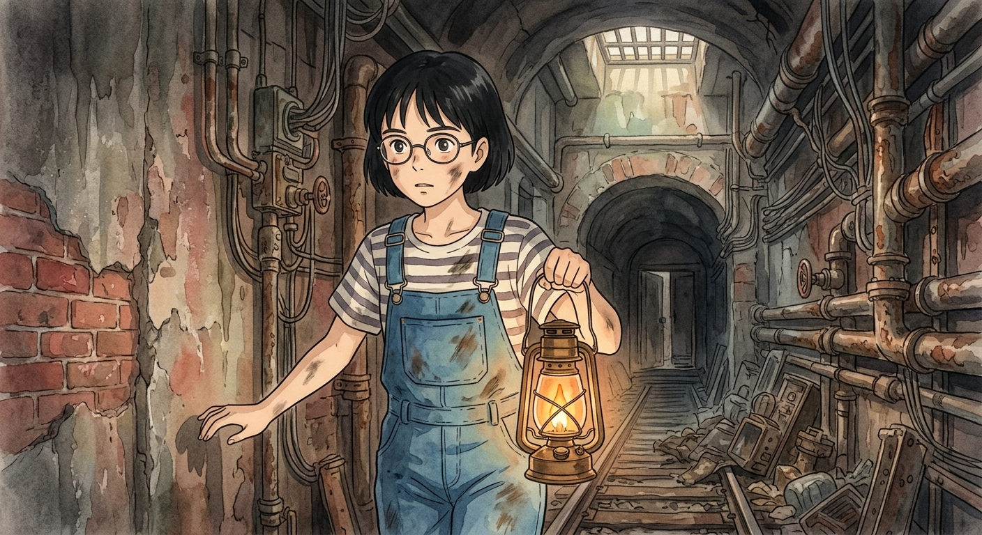 Kiko, a young girl with spectacles and overalls, walking through a dark, dusty underground tunnel with a flickering lantern.