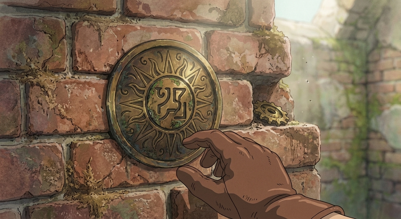 A close-up of a hidden brass escutcheon on an ancient brick wall, depicting a sunburst and a glyph, covered in dust.