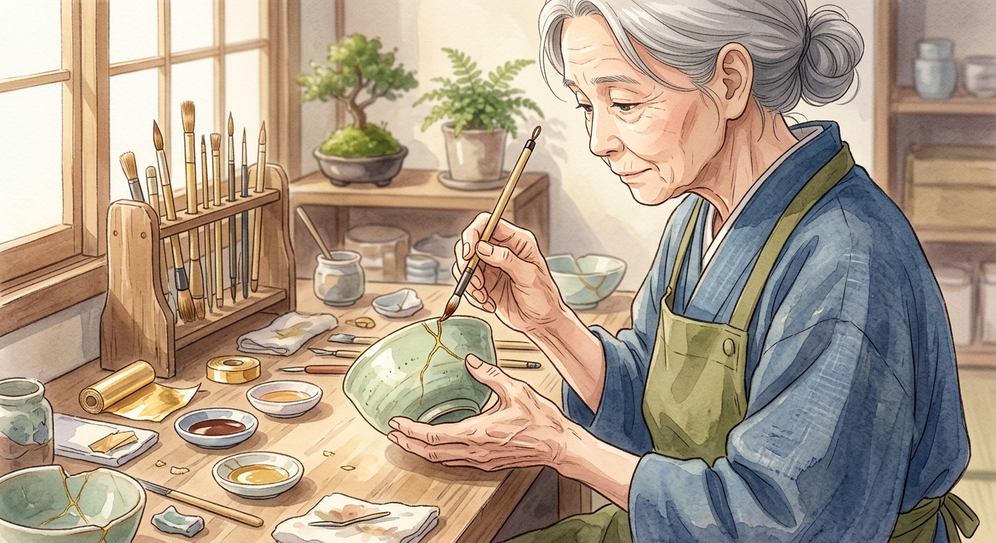 Close-up of Kiyomi's hands as she applies gold lacquer to a crack in a pale green celadon tea bowl.