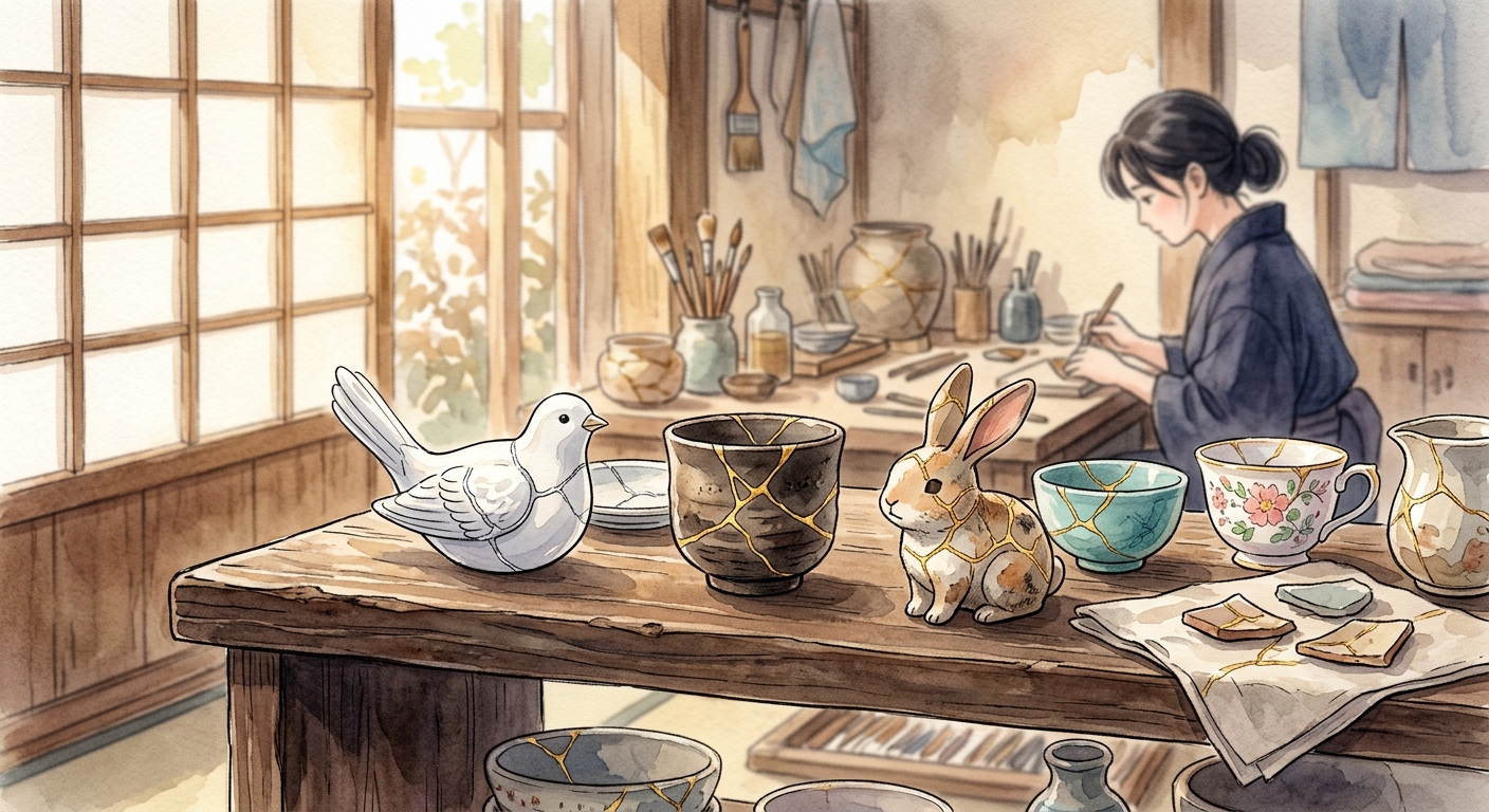 A wooden shelf in a kintsugi workshop displaying several mended ceramic objects, including a bird with a silver wing and a sake cup with golden veins.