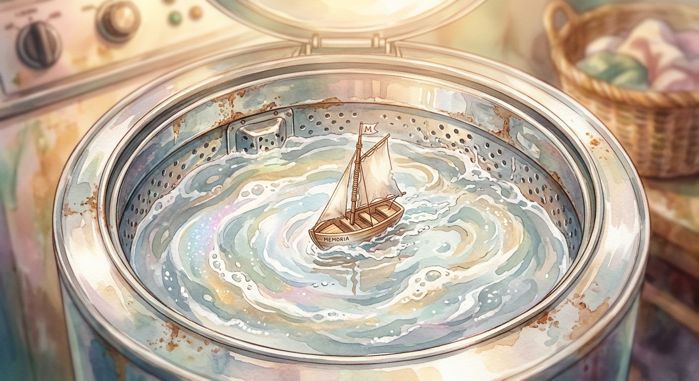 A tiny wooden boat with a linen sail floats in shimmering, iridescent water inside a washing machine drum.