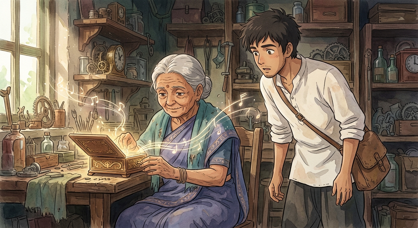 Saroja Devi, an old South Asian woman, winds a wooden music box, which glows faintly and emits shimmering musical notes. Kiran Das, a young East Indian man, watches her with awe in the cluttered workshop.