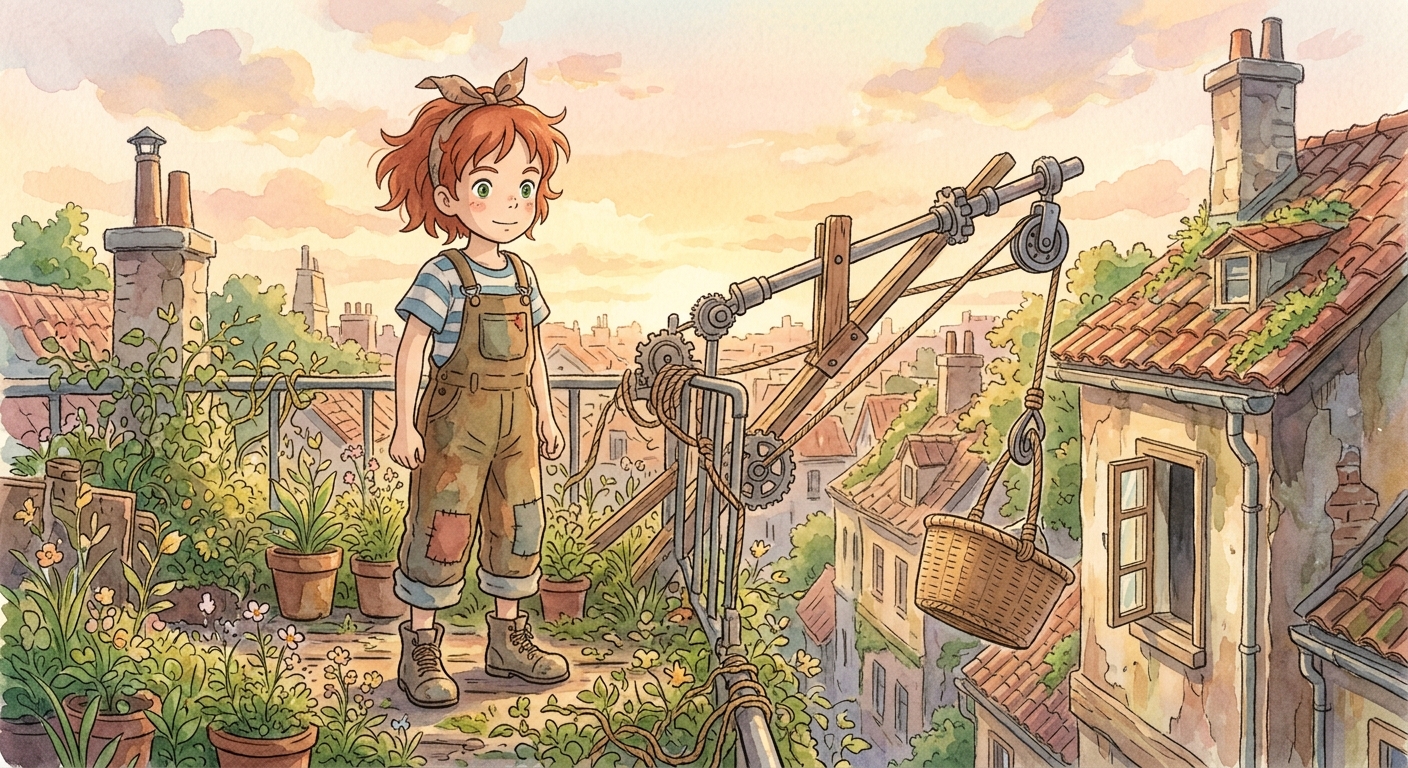 Pip, a young girl, watches her elaborate whirly-gig contraption descend towards a distant window box to retrieve a rare herb.