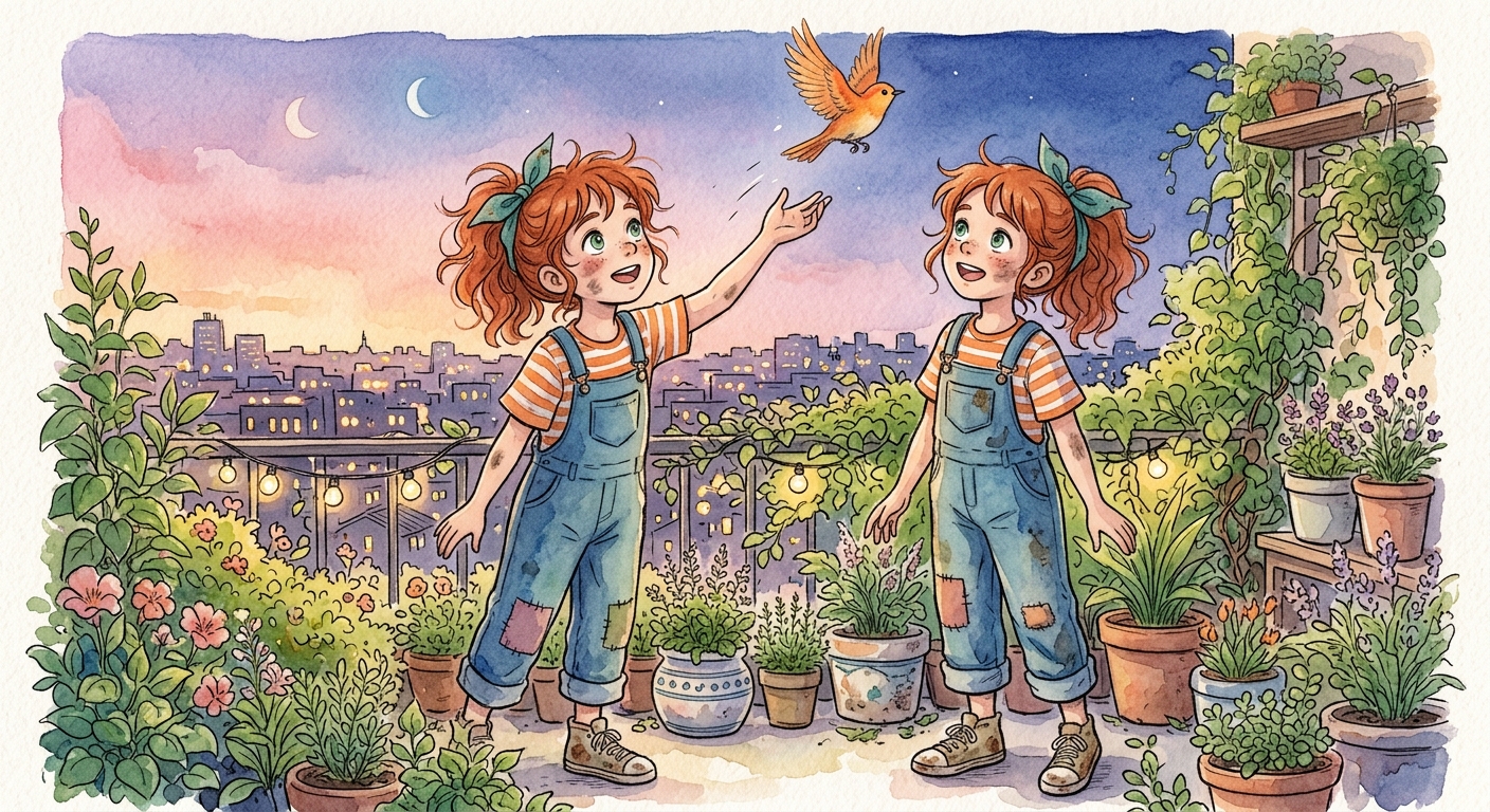 Pip, with a joyful expression, watches a sun-kissed warbler fly from her hand into the evening sky from her rooftop garden.