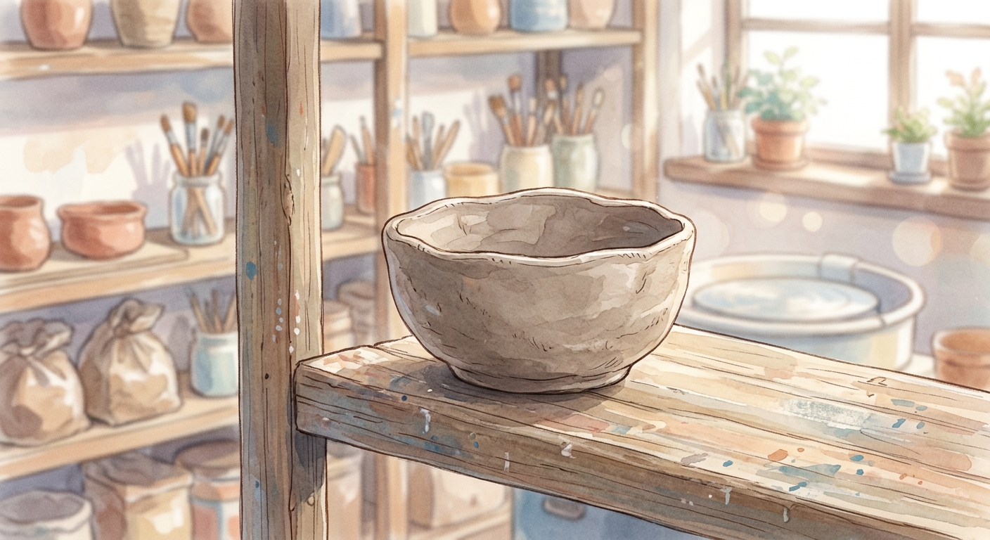A small, imperfect, hand-thrown grey-brown ceramic bowl with an uneven rim sits on a wooden shelf, drying in warm light.