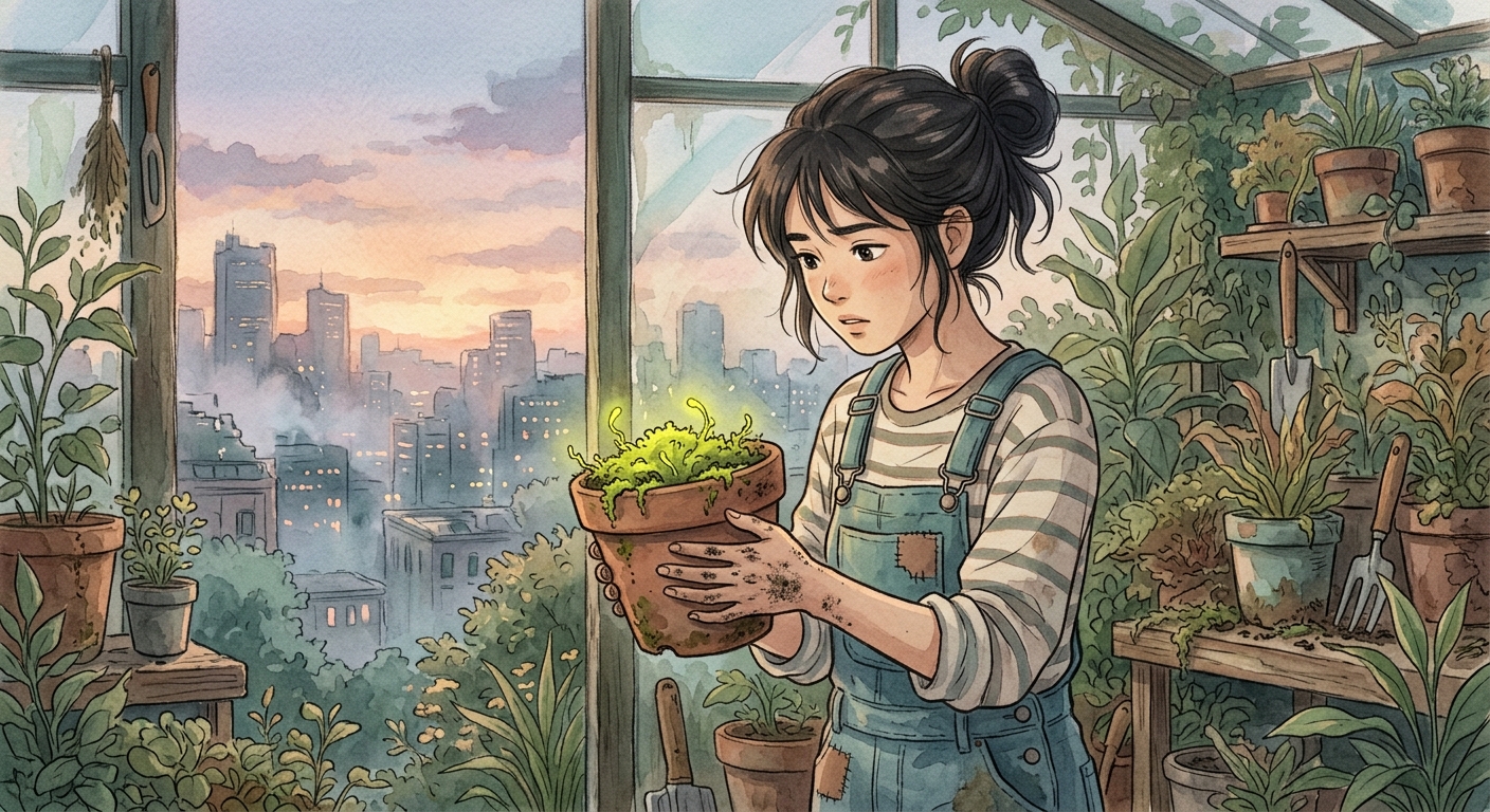 Elara, a young woman, kneels, examining a terracotta pot of dying, faintly glowing moss. Her expression is worried but focused.
